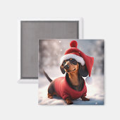 クリスマス・ハットを持つダックスシュントの写真 マグネット (正面/裏面)