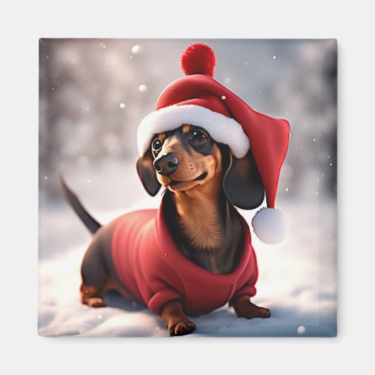 クリスマス・ハットを持つダックスシュントの写真 マグネット (正面)