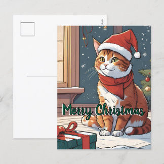 クリスマス+ハット+オレンジ色の猫+かわいい+動物+ペット シーズンポストカード