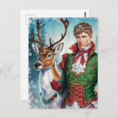クリスマス・ハンサムな金髪の男とトナカイ ポストカード (正面/裏面)