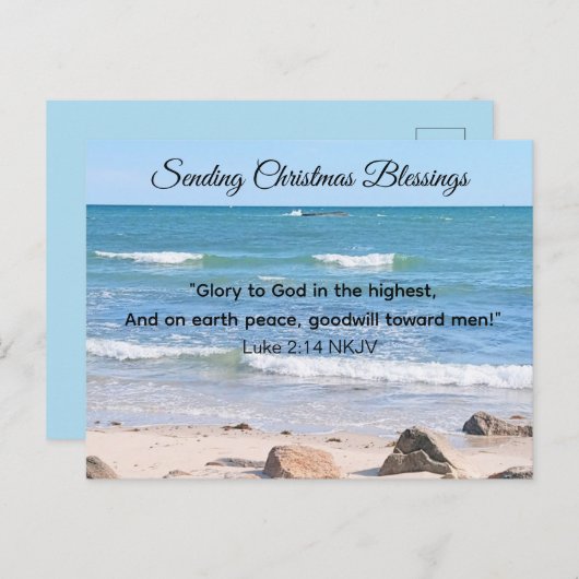 クリスマス・バイブル聖なる書物、 経典付きブルー海の写真 シーズンポストカード (正面/裏面)