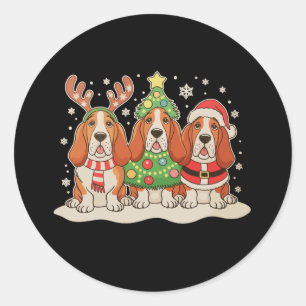 クリスマス・バセットハウンド・サンタ帽子・トナカイ・犬・Xmas ラウンドシール