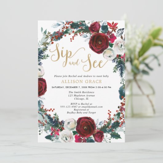 クリスマス·バーガンの金ゴールド·シップとベビー·シャワーを見る 招待状 (スタンド正面)