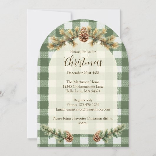 クリスマス パイン コーン ブランチ グリーン ギンガム アーチ 招待状 (正面)