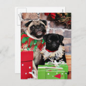 クリスマス-パグ-デイジーMaeおよびユリルー シーズンポストカード (正面/裏面)