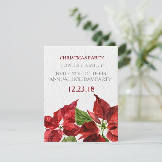 クリスマス・パーティのための水彩画の赤いpointsetter 招待状 (スタンド正面)