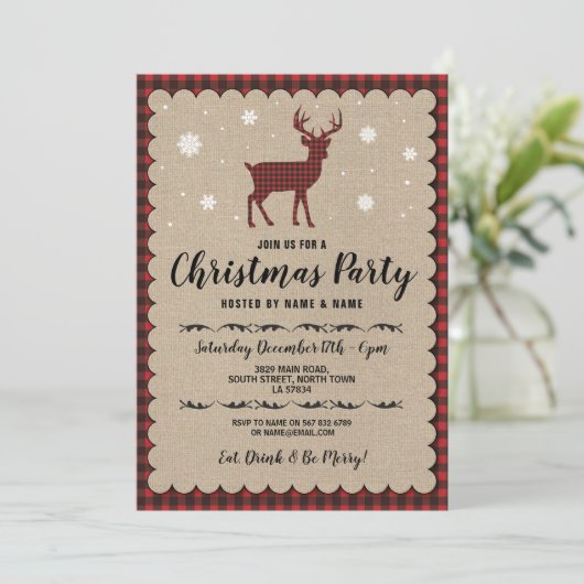 クリスマス・パーティの休日のシカの雪片の赤い点検 招待状 (スタンド正面)