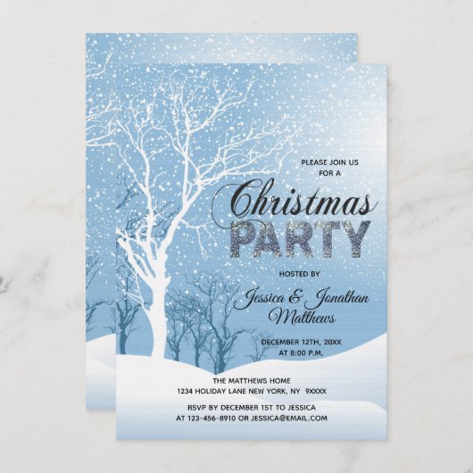 クリスマス・パーティの冬の不思議の国の雪の雪片 招待状 (正面/裏面)