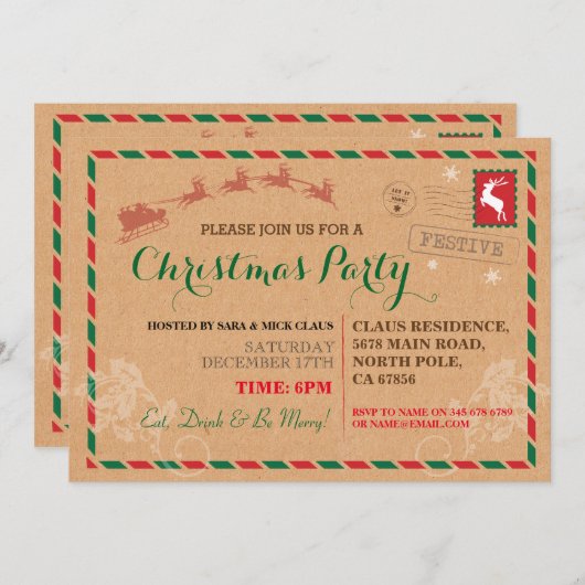 クリスマス・パーティの夕食の郵便郵便はがきの招待 招待状 (正面/裏面)