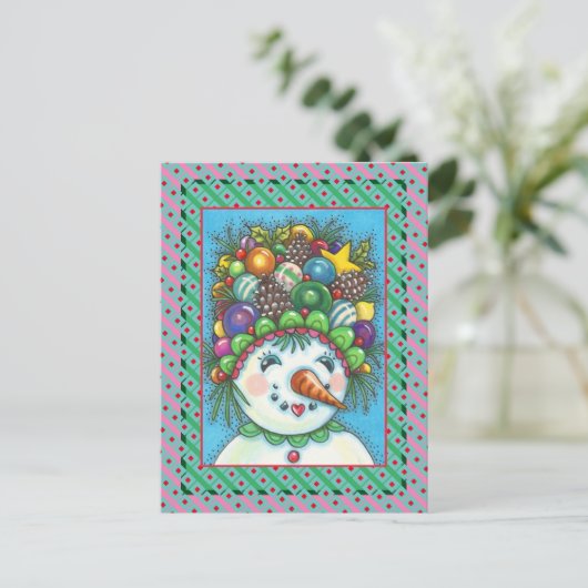 クリスマス·パーティー·ハットのかわいい雪だるま シーズンポストカード (スタンド正面)