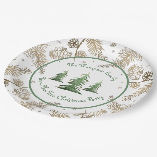 クリスマス・パーティー、木の飾り、家族の名前 ペーパープレート (アングル)
