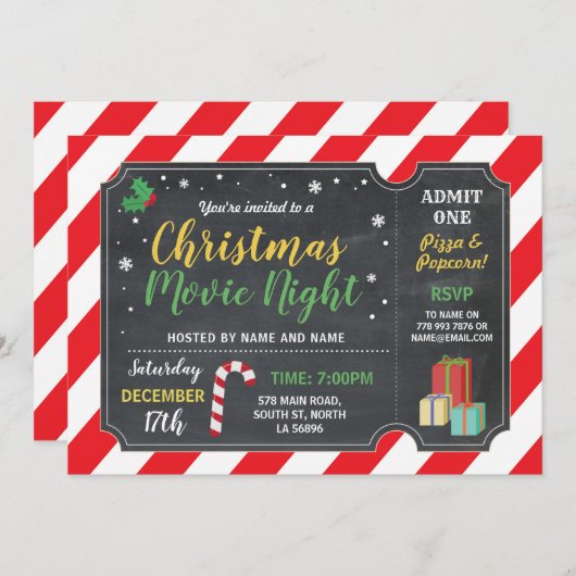 クリスマス・パーティ映画夜フィルムのチケットのヒイラギのおもしろい 招待状 (正面/裏面)
