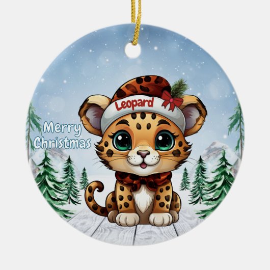クリスマス ヒョウ柄 子猫好き セラミックオーナメント (正面)