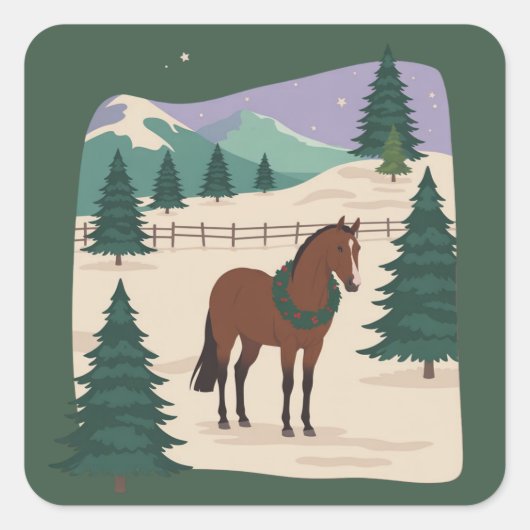 クリスマス ビンテージ 馬 90年代風 レトロ クリスマスツリー スクエアシール (正面)