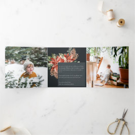 クリスマス ピース ポインセチア ネイビー ブラック パイン 3 フォト 三つ折りクリスマスカード