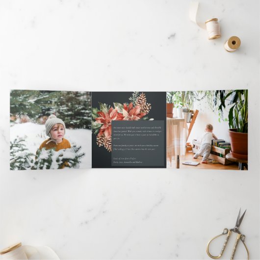 クリスマス ピース ポインセチア ネイビー ブラック パイン 3 フォト 三つ折りクリスマスカード (内部)