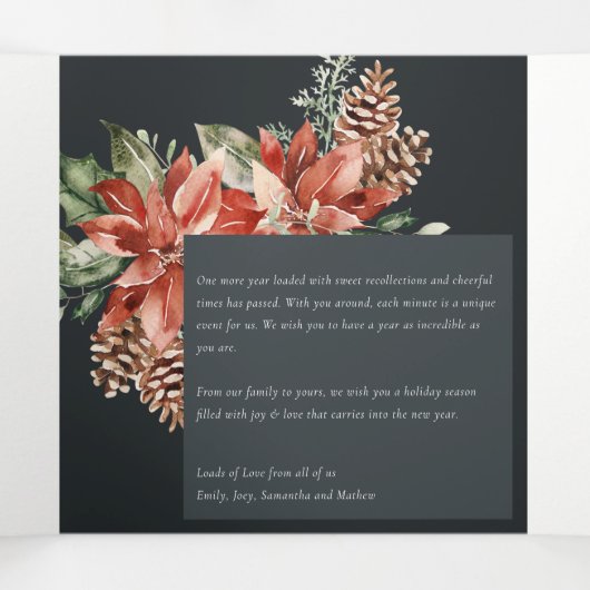 クリスマス ピース ポインセチア ネイビー ブラック パイン 3 フォト 三つ折りクリスマスカード (内部中)