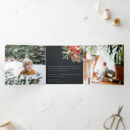 クリスマス ピース ポインセチア ネイビー ブラック パイン 3 フォト 三つ折りクリスマスカード