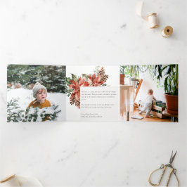 クリスマス ピース ポインセチア 松 3 フォト ウォーターカラー 三つ折りクリスマスカード