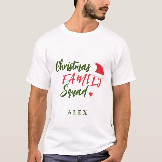 クリスマス ファミリー スクワッド 赤いサンタ帽子 名前入り Tシャツ (正面)