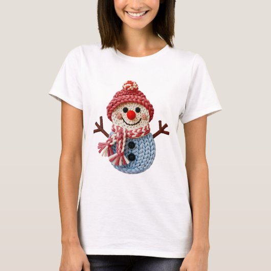 クリスマス フェイクヤーン かぎ針編みの雪だるま Tシャツ (正面)