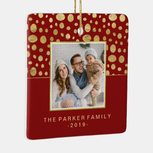 クリスマス·フェイク金ゴールドのドットを赤く写真で飾る セラミックオーナメント (右)