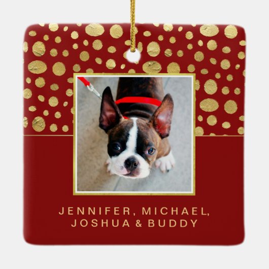クリスマス·フェイク金ゴールドのドットを赤く写真で飾る セラミックオーナメント (裏面)
