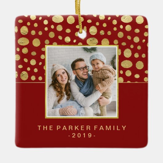 クリスマス·フェイク金ゴールドのドットを赤く写真で飾る セラミックオーナメント (正面)