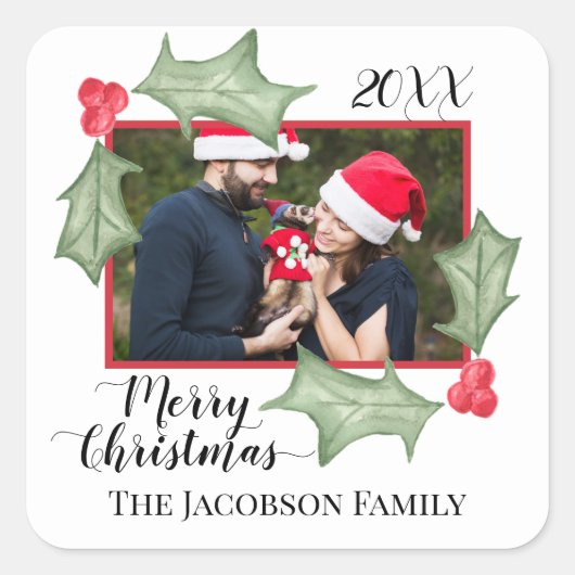 クリスマス フェスティブ ホーリー リーフ フォト フレーム スクエアシール (正面)