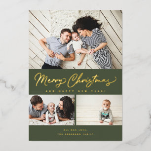 クリスマス フォイル スクリプト 3 枚の写真を飾る カード