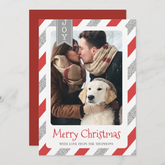 クリスマス·フォトカードメリー·クリスマス·レッド·シルバー シーズンカード (正面/裏面)