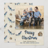 クリスマス フォト カード 釣り 湖のログハウス (正面/裏面)