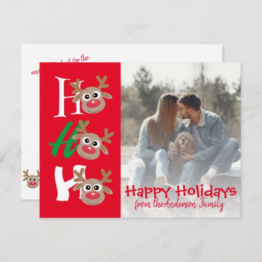 クリスマス フォト ホー ホー ホー カートゥーン トナカイ 赤 (正面/裏面)