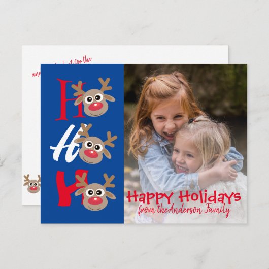 クリスマス フォト ホー ホー ホー カートゥーン トナカイ 青 (正面/裏面)