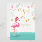 クリスマス·フラミンゴ·誕生日の招待冬雪 招待状 (正面)