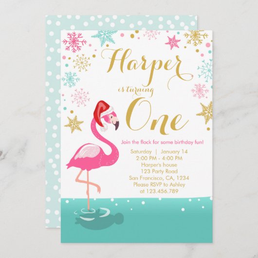クリスマス·フラミンゴ·誕生日の招待冬雪 招待状 (正面/裏面)