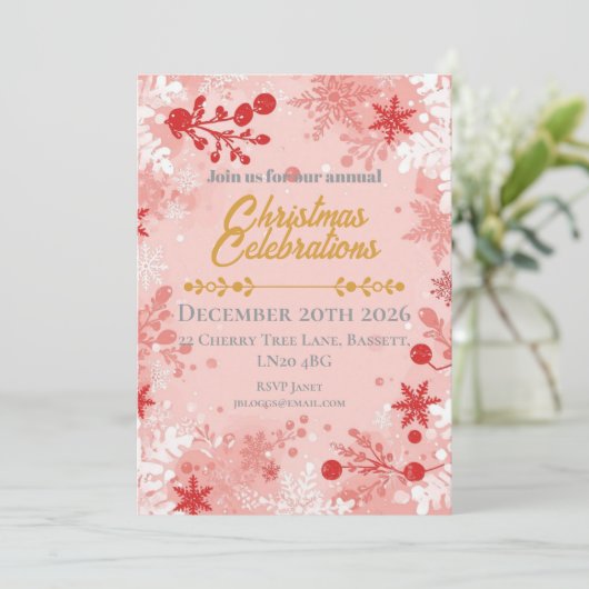 クリスマス フラワー 白とピンク 招待状 (スタンド正面)