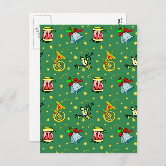クリスマス、フレンチ・ホルンおよびマゼンタのドラム シーズンポストカード (正面/裏面)