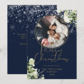 クリスマス フローラル スノー ゴールド アンド ブルー フォト (正面/裏面)