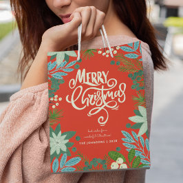 クリスマス フローラル レッド クリスマス ホリデー ミディアムペーパーバッグ