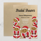 クリスマス ブライダルシャワーのゴールドジンジャーブレッドサンタ 招待状 (正面/裏面)