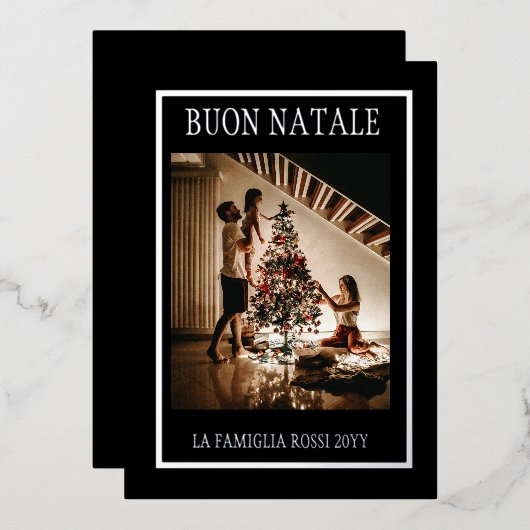 クリスマス ブラック＆シルバー シンプル モダン フォト 箔シーズンカード (正面/裏面)