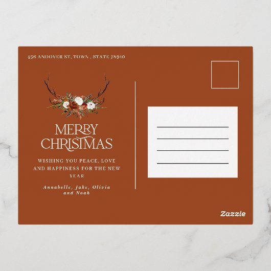 クリスマス ブラック ボタニカル エレガントな鹿の3枚の写真 箔シーズンポストカード (裏面)