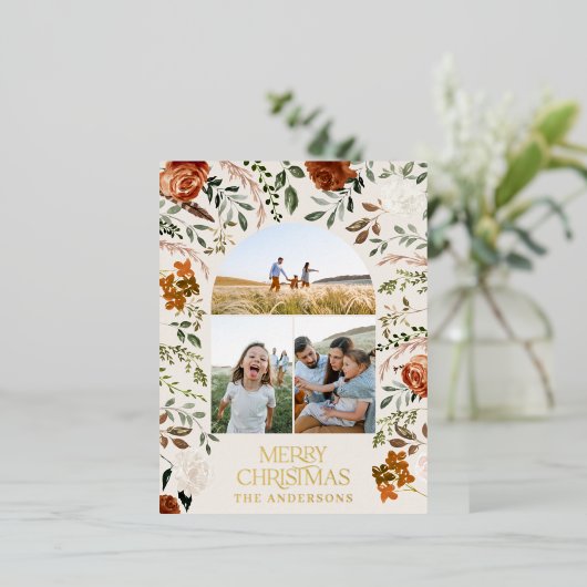 クリスマス ブラック ボタニカル エレガント 鹿 3枚組写真 箔シーズンポストカード (立ち正面)