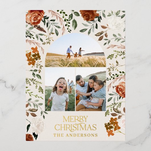 クリスマス ブラック ボタニカル エレガント 鹿 3枚組写真 箔シーズンポストカード (正面)