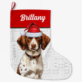 クリスマス・ブリタニー犬の名前Woof Background ラージクリスマスストッキング