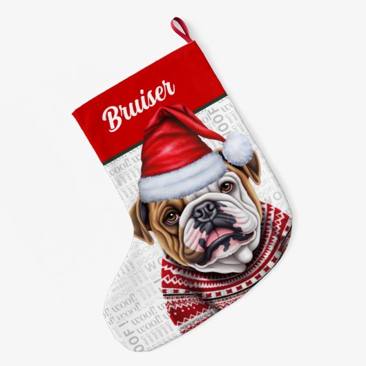 クリスマス・ブルドッグの名前の背景 ラージクリスマスストッキング (裏面 (吊り時))