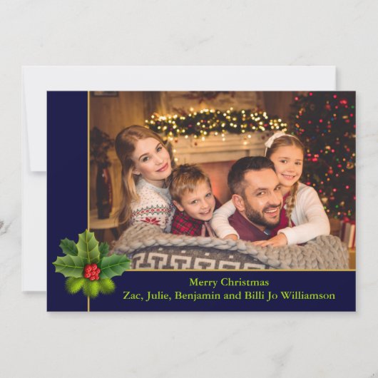 クリスマス ブルーとゴールドのフレーム ホーリー付き写真 (正面)