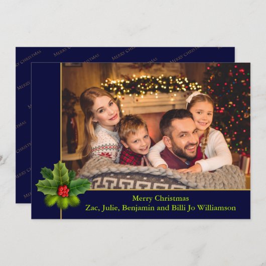 クリスマス ブルーとゴールドのフレーム ホーリー付き写真 (正面/裏面)