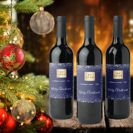 クリスマス ブルー シルバー グリッター ビジネス ロゴ ワインラベル